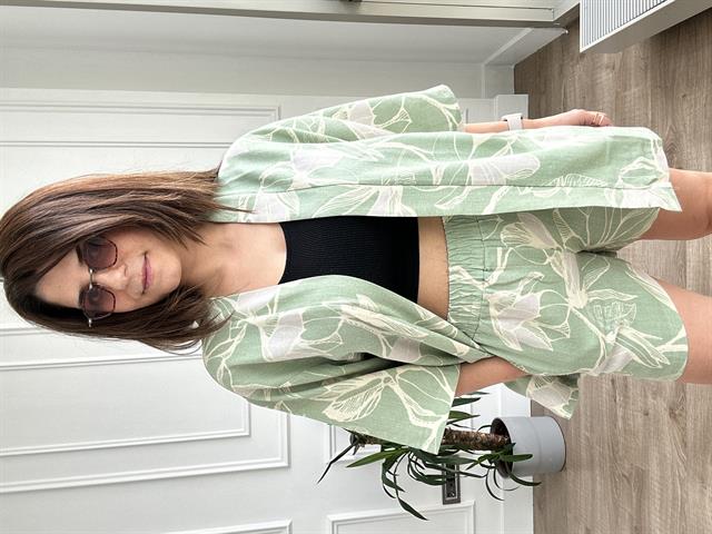 Yeşil Çiçek Desenli Kimono Şort Takım