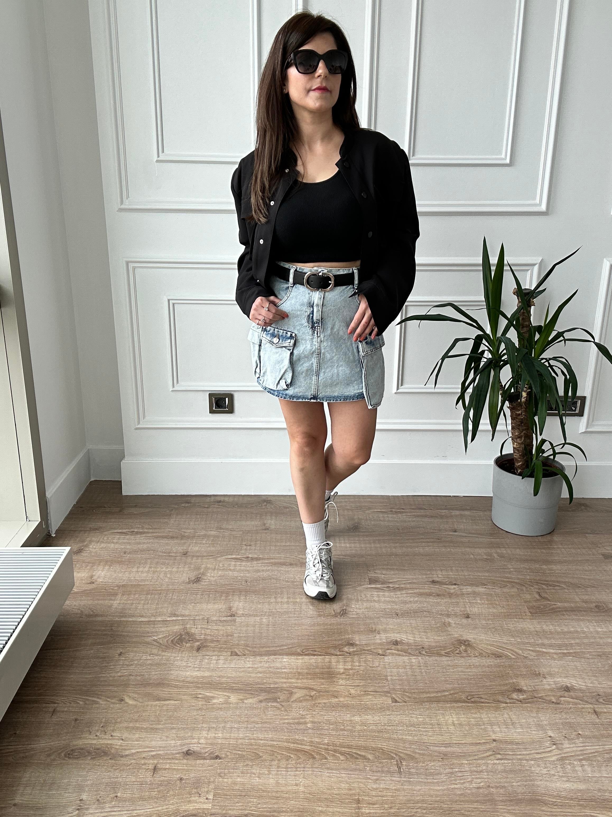 Açık Yıkama Kargo Cep Denim Etek