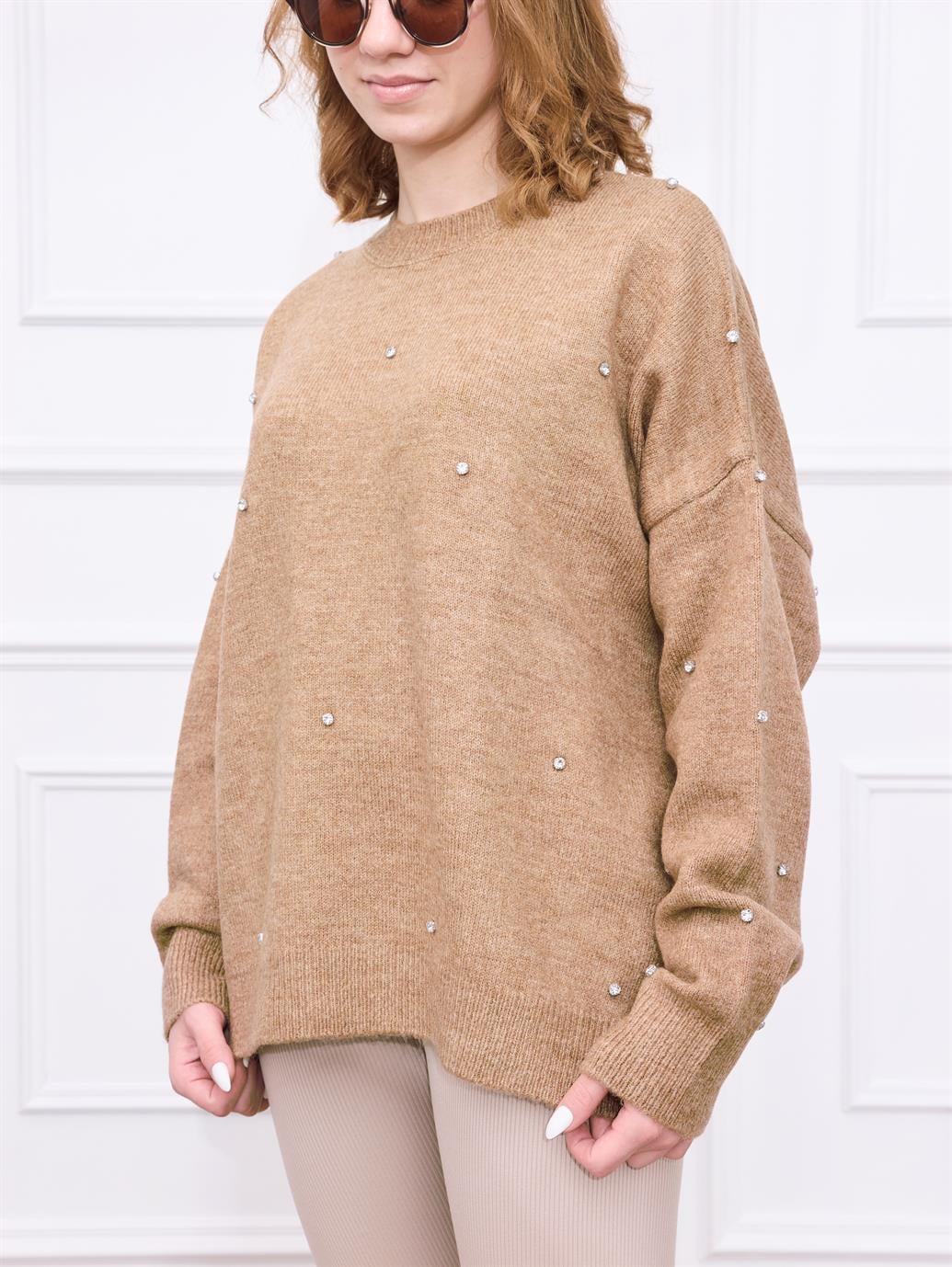 Camel Taş Detaylı Triko Kazak