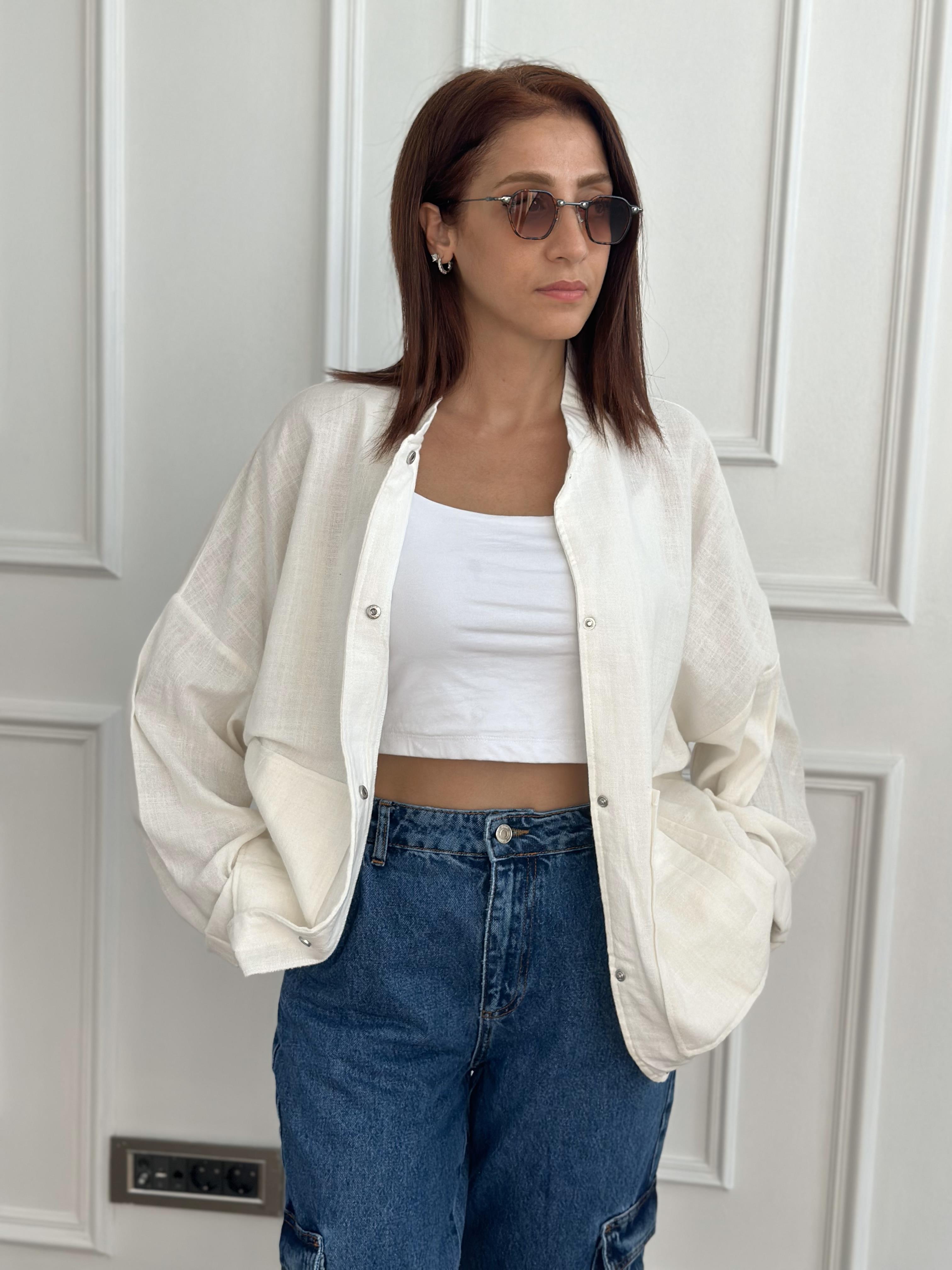 Ekru Keten Bomber Ceket