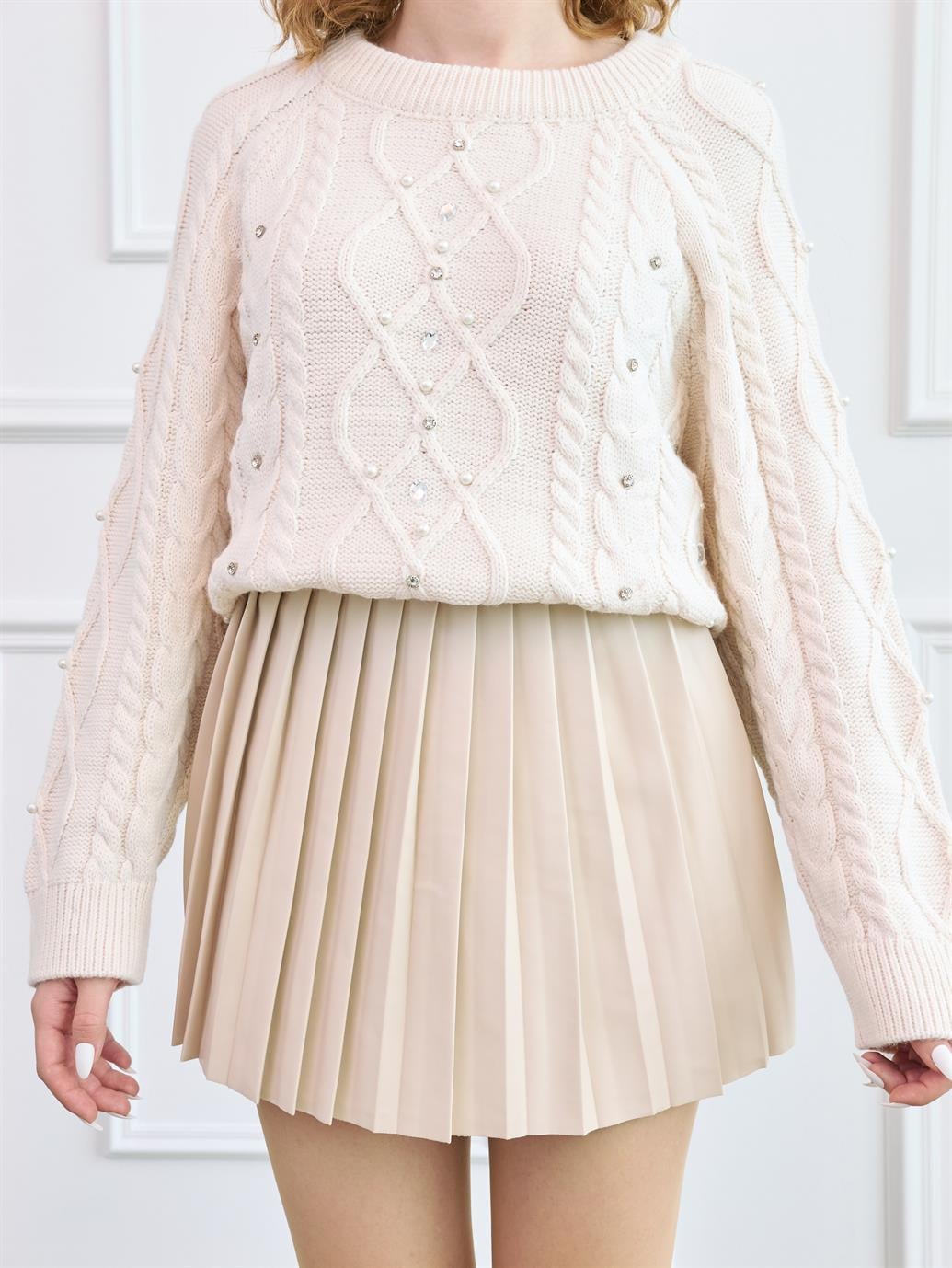 Ekru Piliseli Deri Şort Etek