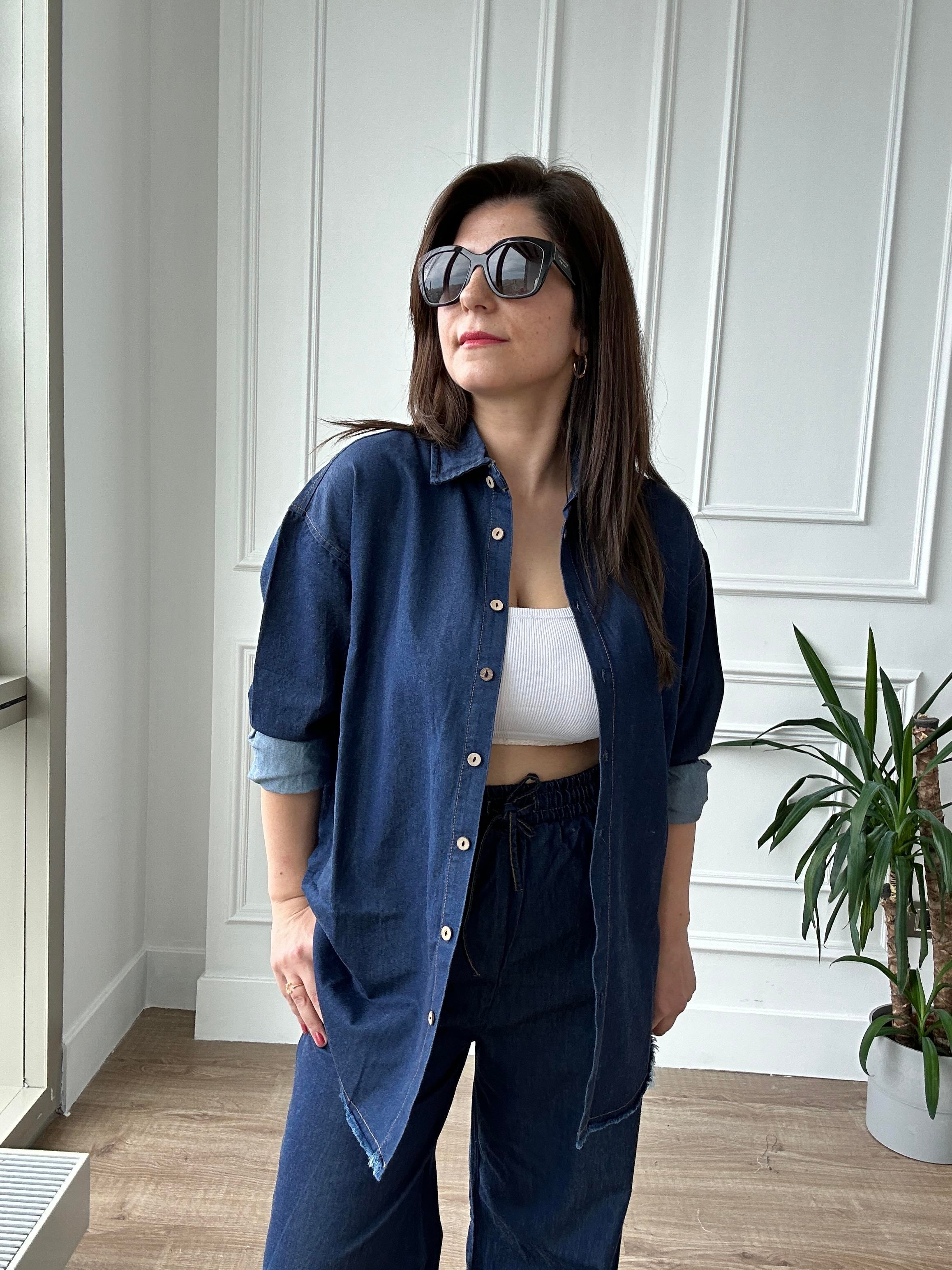 İnce Denim Kumaş Gömlek Pantolon Takım