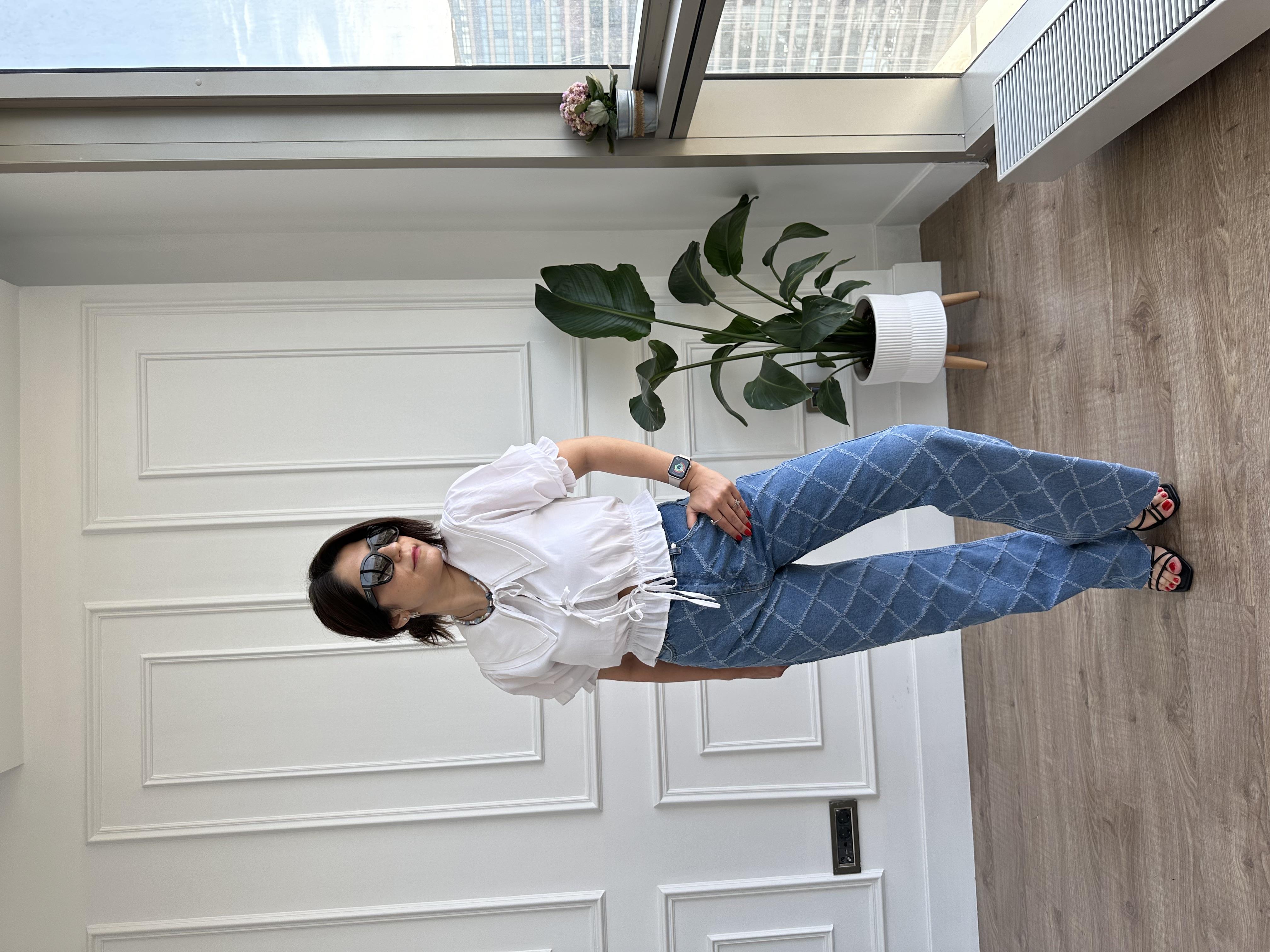 Kendinden Desenli Yüksek Bel Mavi Denim Pantolon