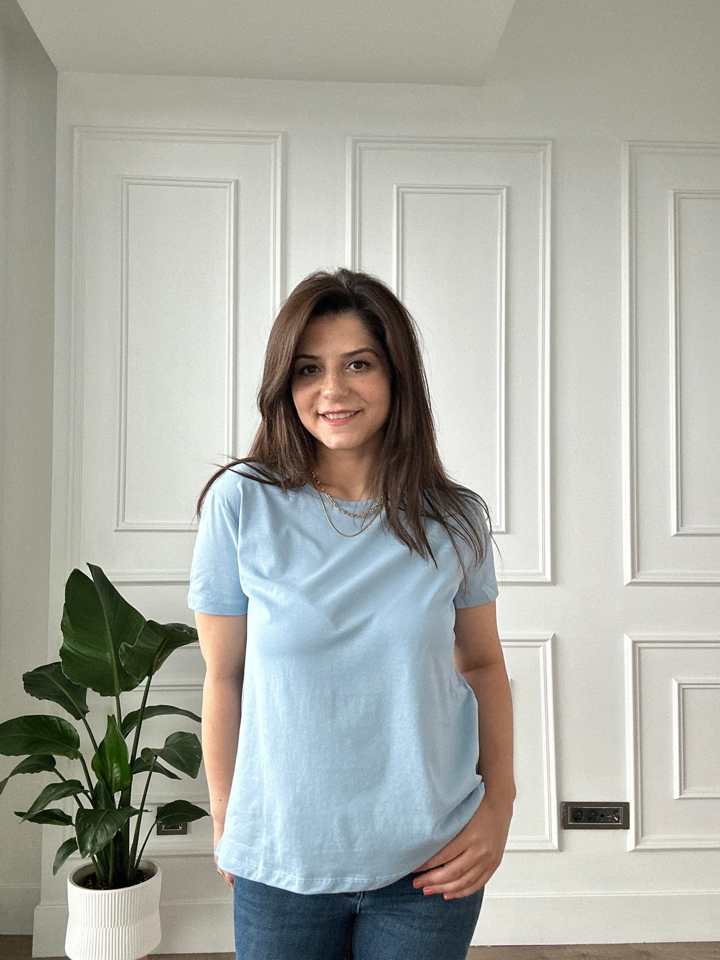 Mavi Likralı Bisiklet Yaka Basic Örme Tişört