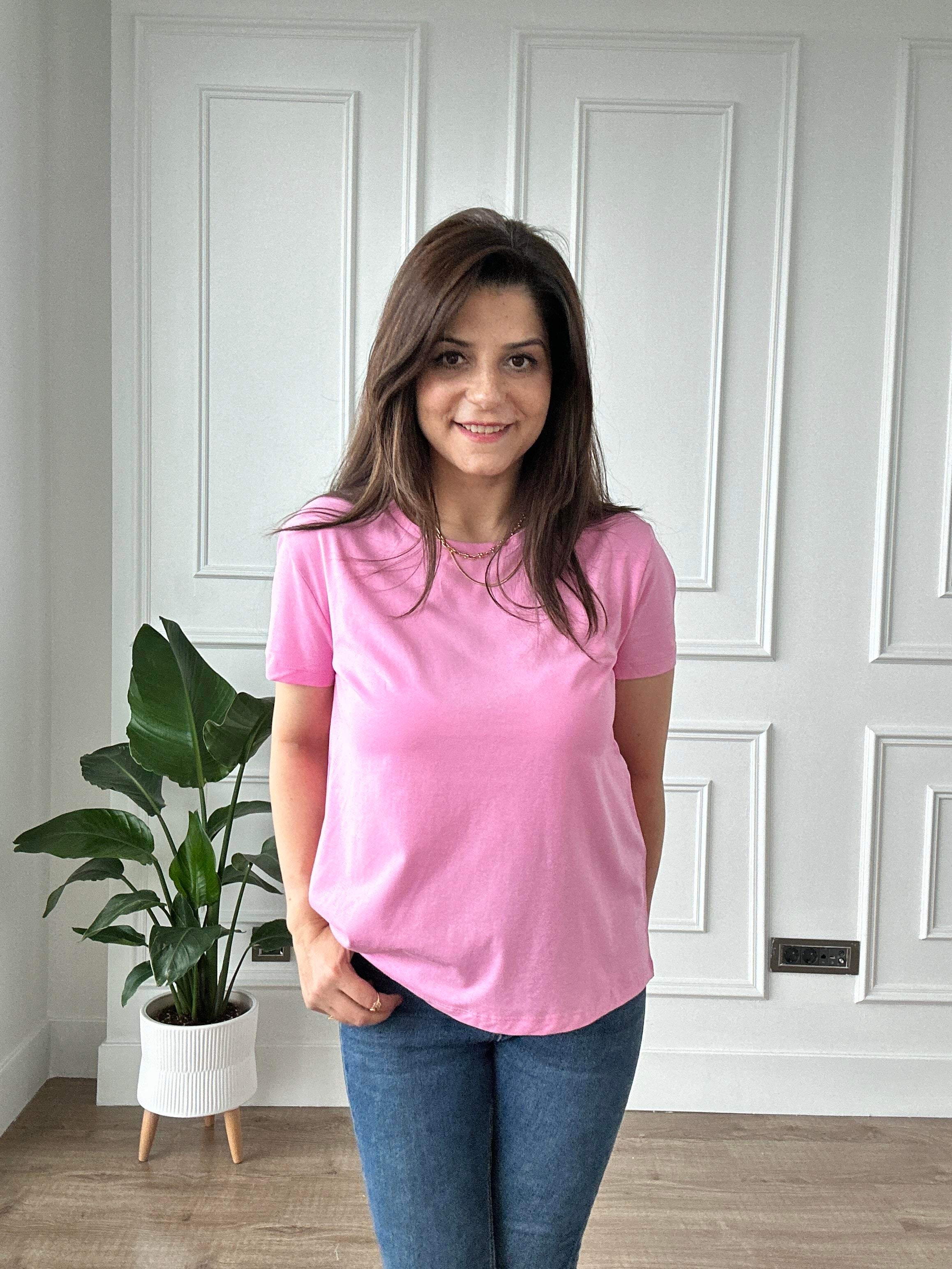 Pembe Likralı Bisiklet Yaka Basic Örme Tişört