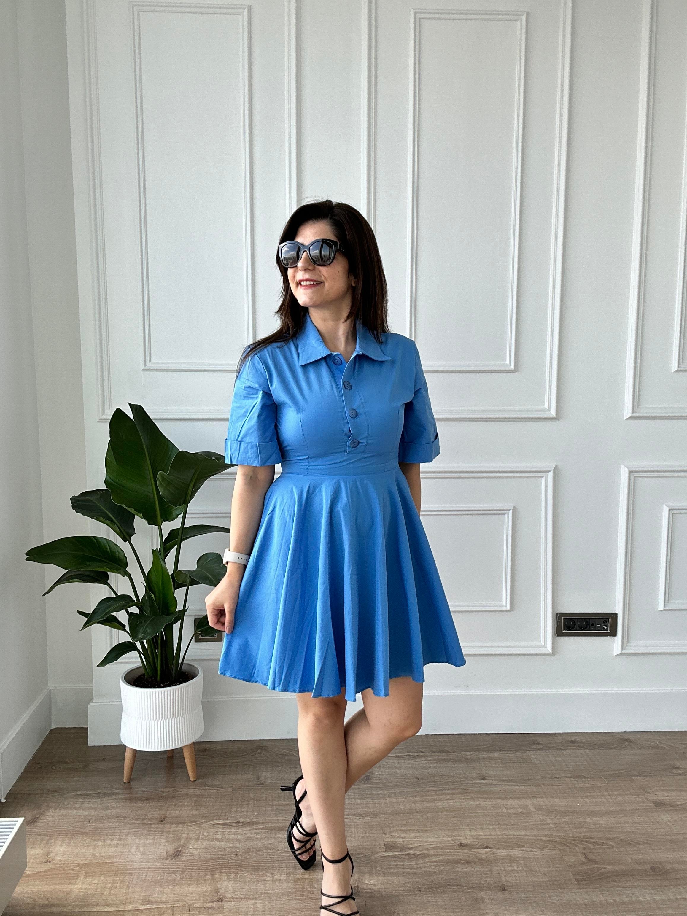 Saks Poplin Kumaş Kısa Kol Gömlek Elbise