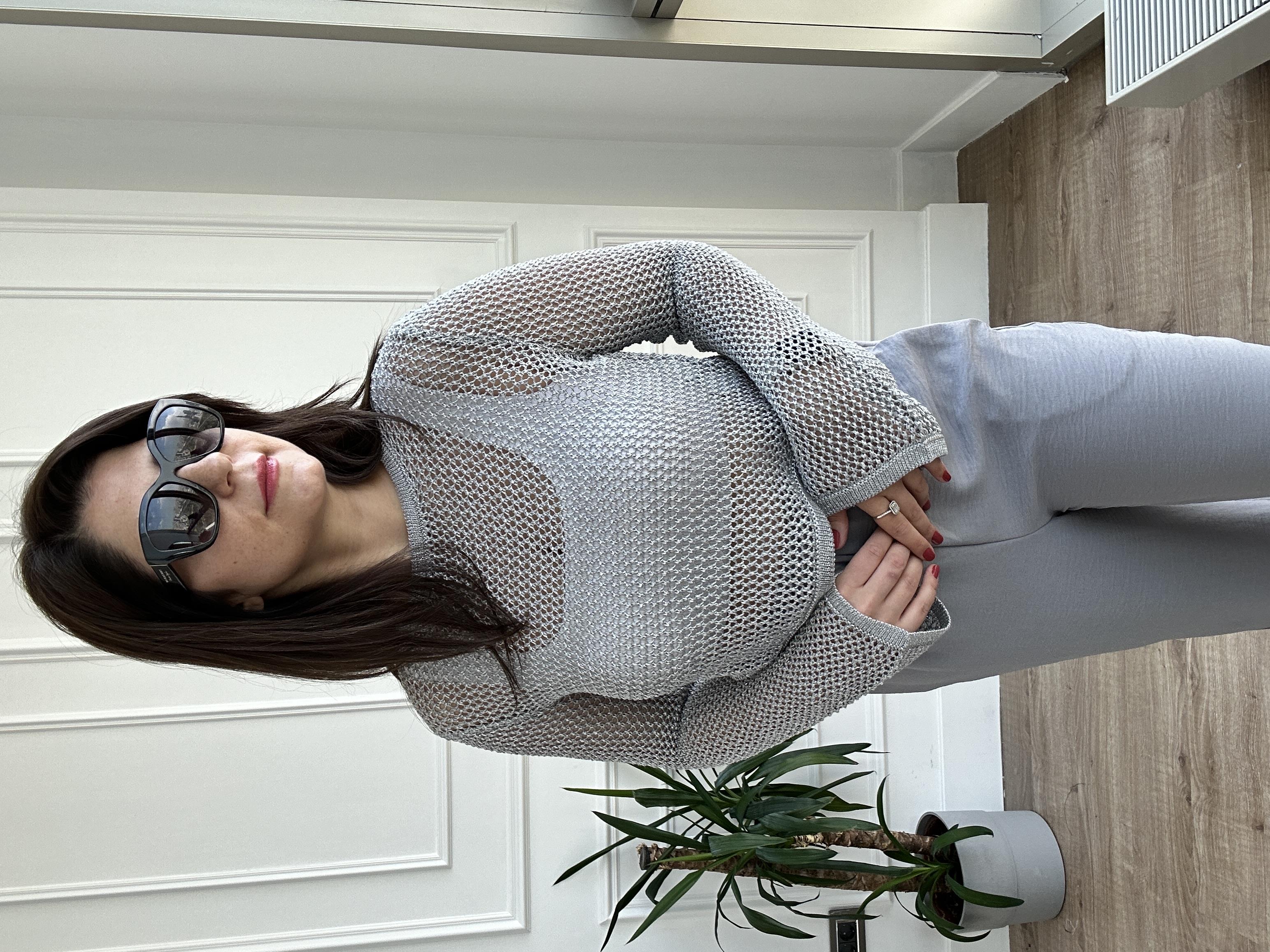 Simli Ajurlu Crop Triko Kazak