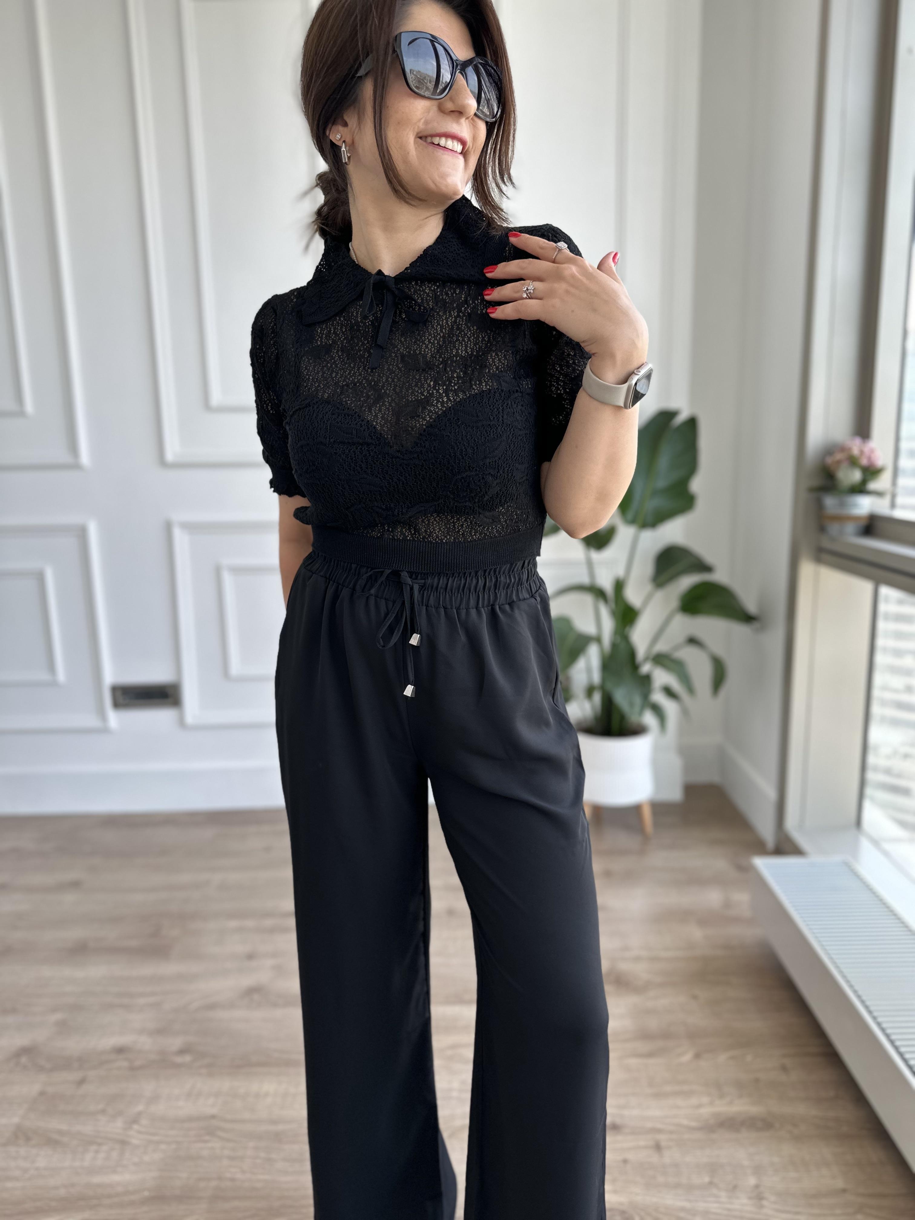 Siyah Beli Lastikli Wide Leg Kumaş Pantolon