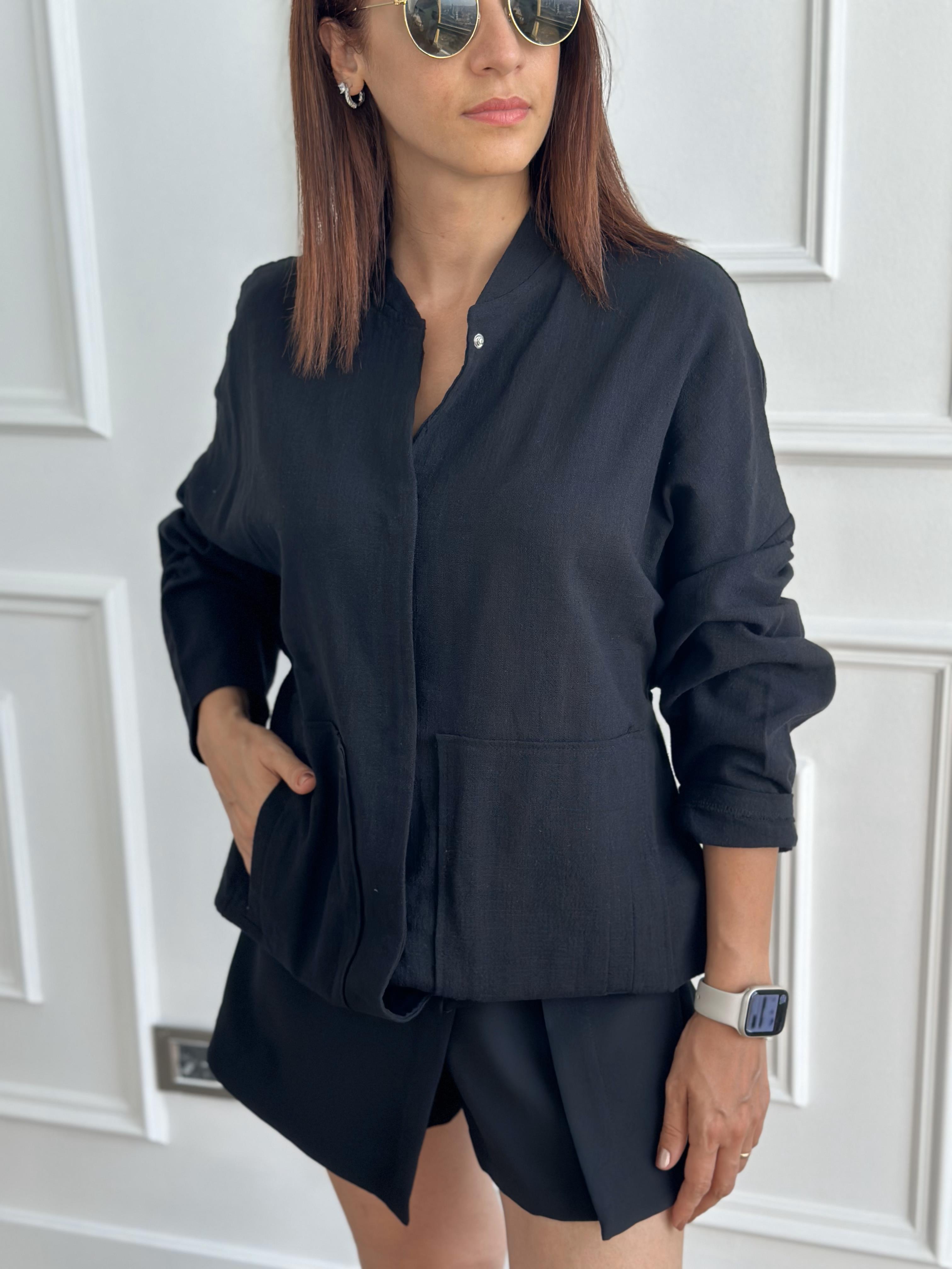 Siyah Keten Bomber Ceket