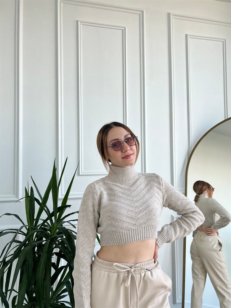 Taş Rengi Zigzag Desenli Balıkçı Crop Kazak