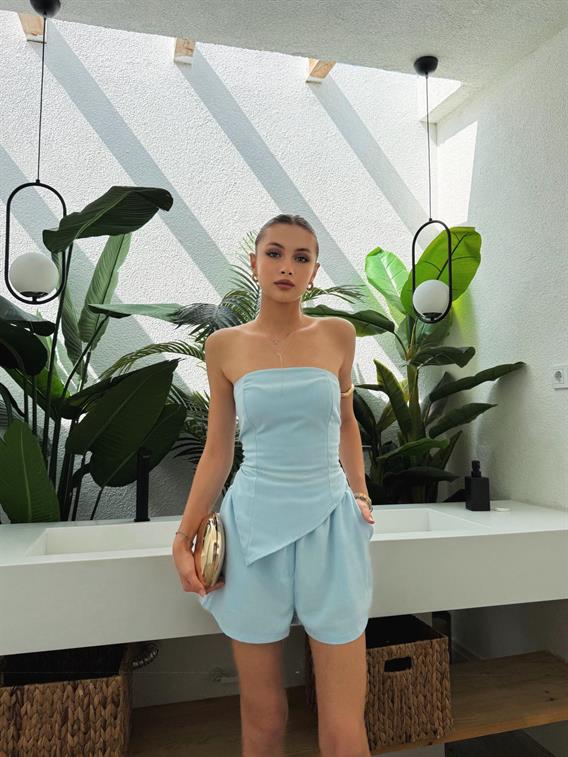 Amara Straplez Asimetrik Kesim Mavi Şort Takım