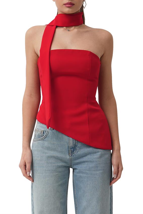 Arias Straplez Fular Detay Kırmızı Bluz