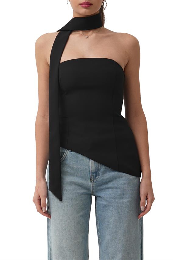Arias Straplez Fular Detay Siyah Bluz
