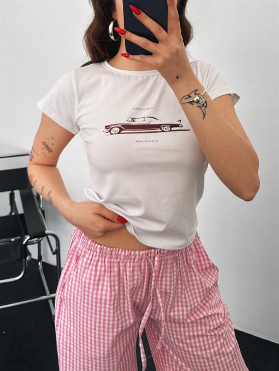 Built Araba Baskılı Basic Beyaz Crop Tişört