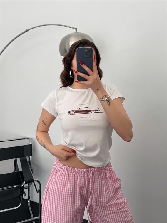 Built Araba Baskılı Basic Beyaz Crop Tişört