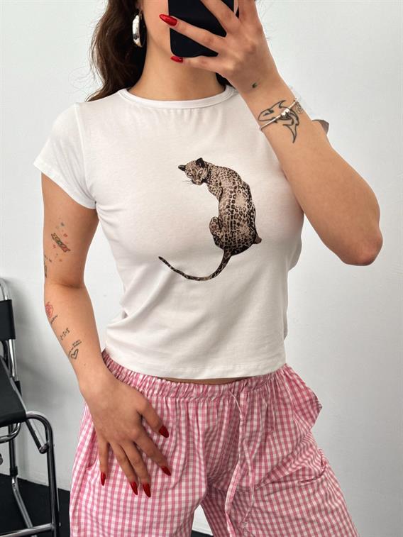 Built Jaguar Baskılı Basic Beyaz Crop Tişört