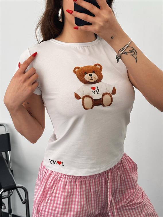 Built Tedy Bear Baskılı Basic Beyaz Crop Tişört