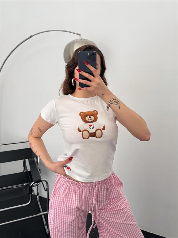 Built Tedy Bear Baskılı Basic Beyaz Crop Tişört