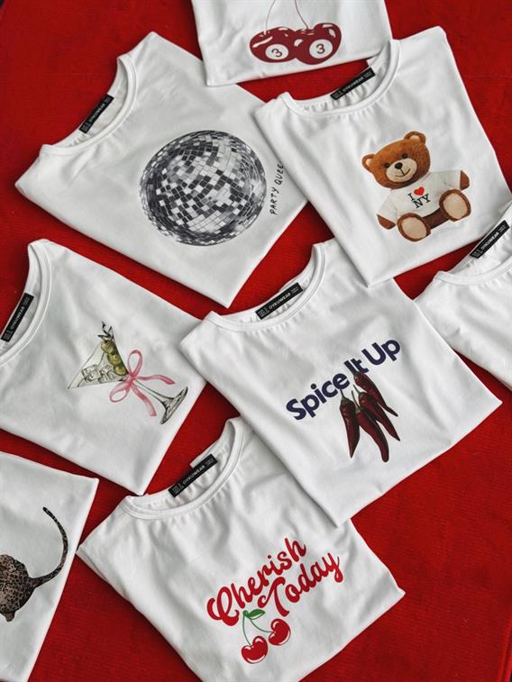 Built Tedy Bear Baskılı Basic Beyaz Crop Tişört