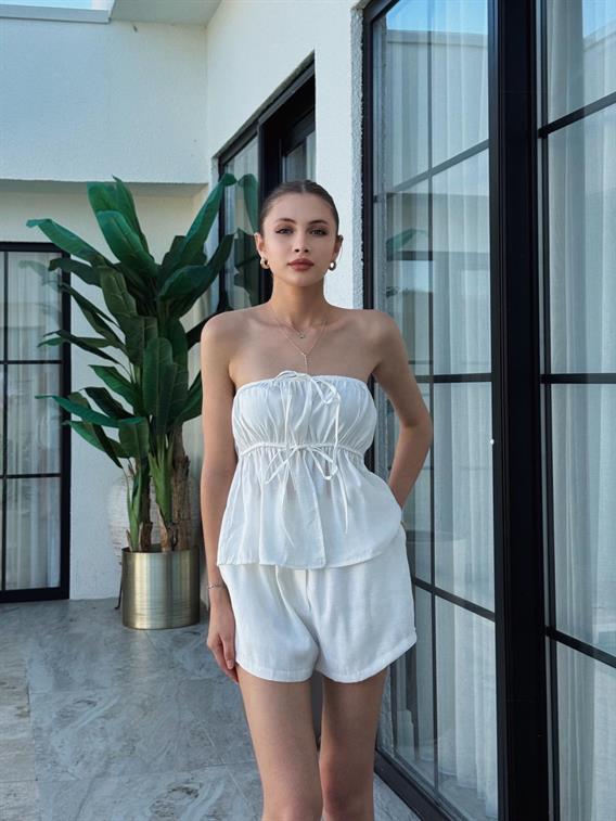 Calix Straplez Büzgülü Beyaz Şort Takım