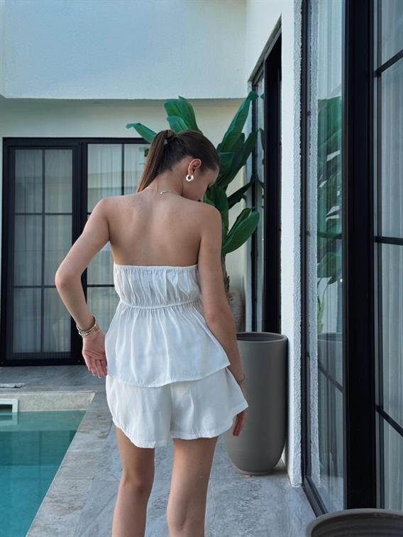 Calix Straplez Büzgülü Beyaz Şort Takım