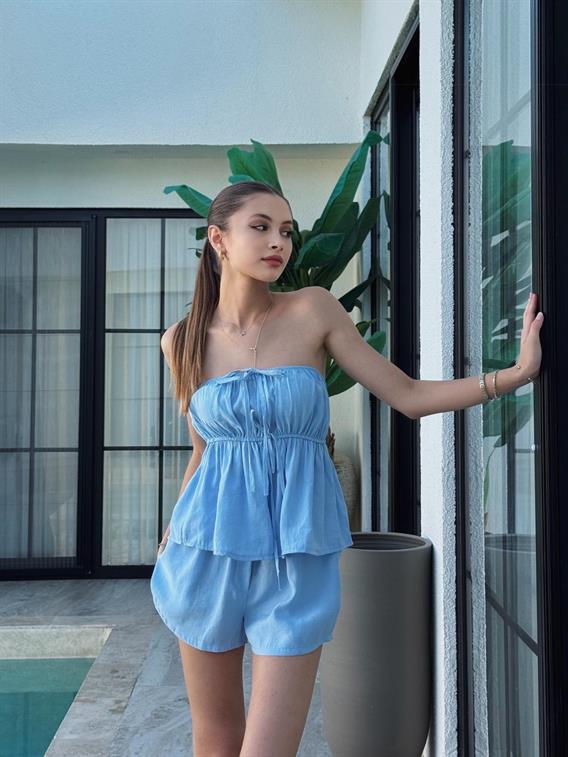 Calix Straplez Büzgülü Mavi Şort Takım