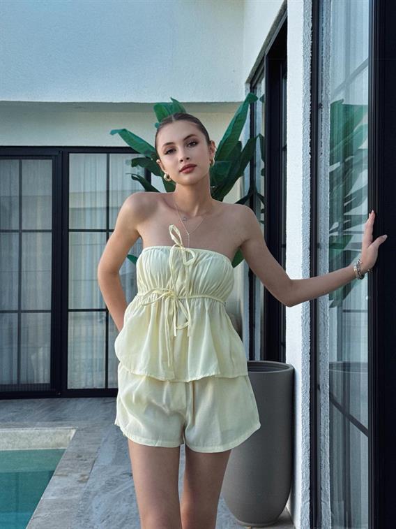 Calix Straplez Büzgülü Sarı Şort Takım