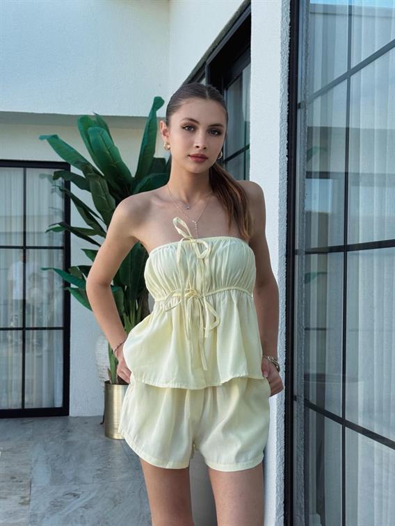 Calix Straplez Büzgülü Sarı Şort Takım