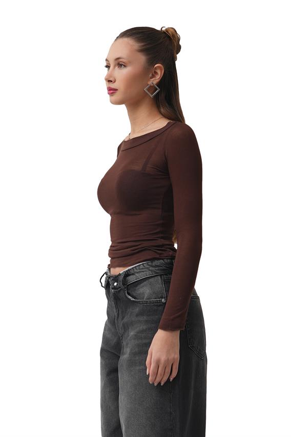 Chill Kahve Kayık Yaka Transparan Bluz