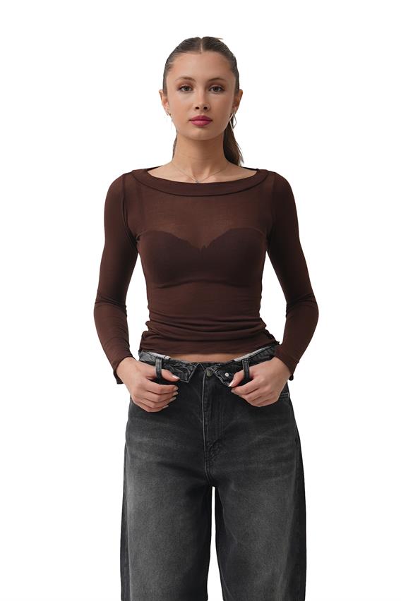 Chill Kahve Kayık Yaka Transparan Bluz