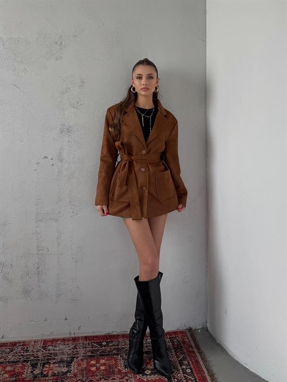 Coren Bağlama Detay Camel Süet Ceket