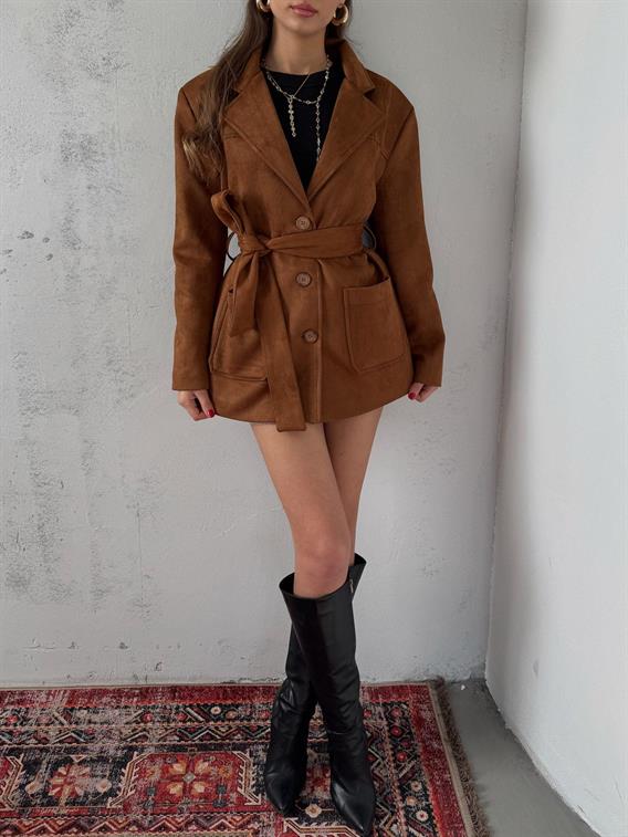 Coren Bağlama Detay Camel Süet Ceket