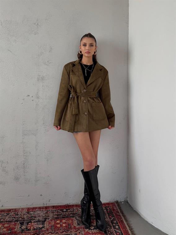 Coren Bağlama Detay Haki Süet Ceket