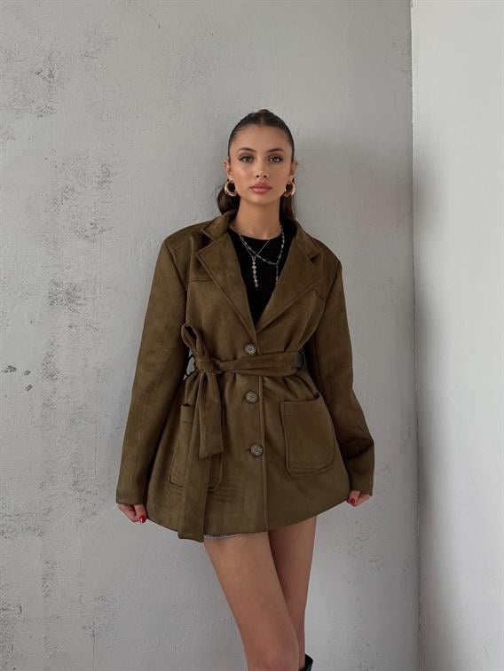Coren Bağlama Detay Haki Süet Ceket