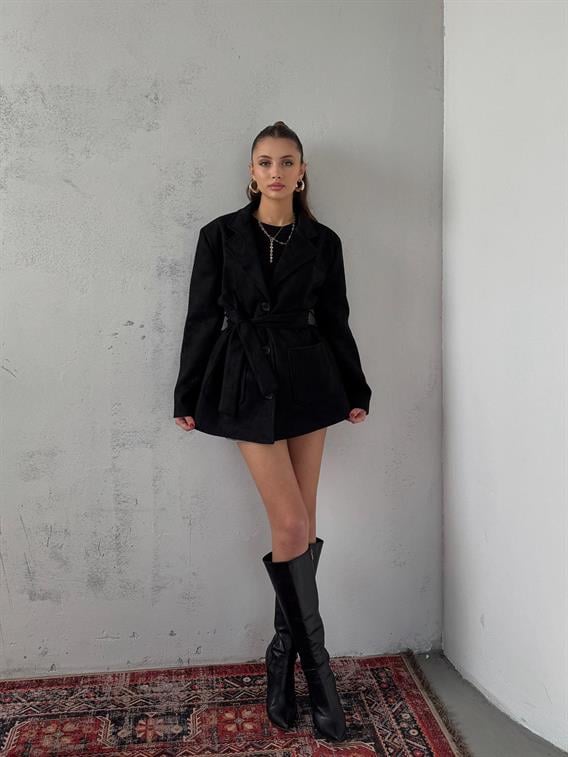 Coren Bağlama Detay Siyah Süet Ceket