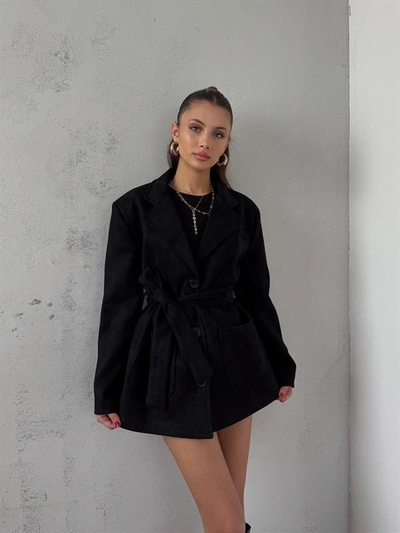 Coren Bağlama Detay Siyah Süet Ceket