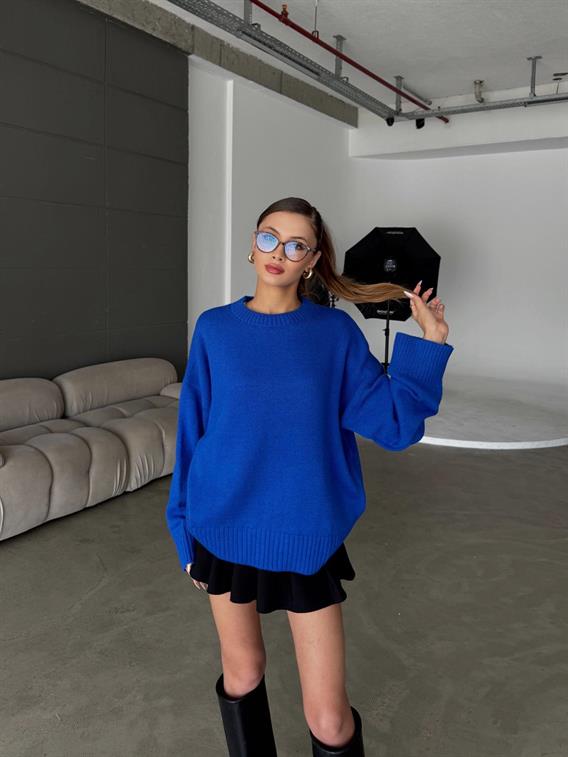 Cross Bisiklet Yaka Basic Saks Mavi Kazak