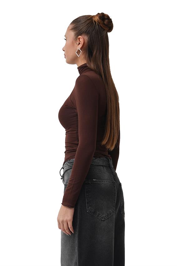 Crow Kahve Dik Yaka Transparan Bluz