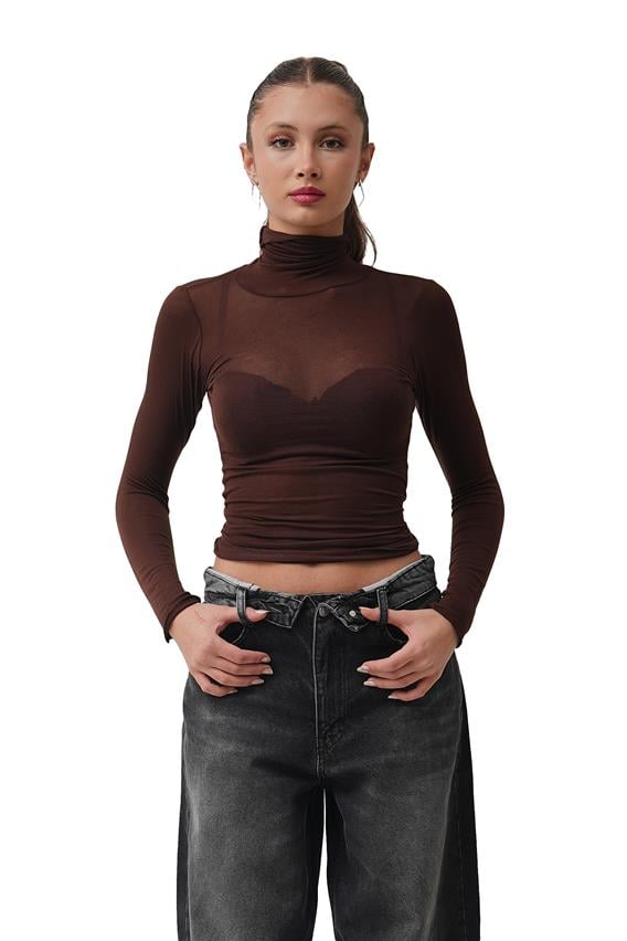 Crow Kahve Dik Yaka Transparan Bluz