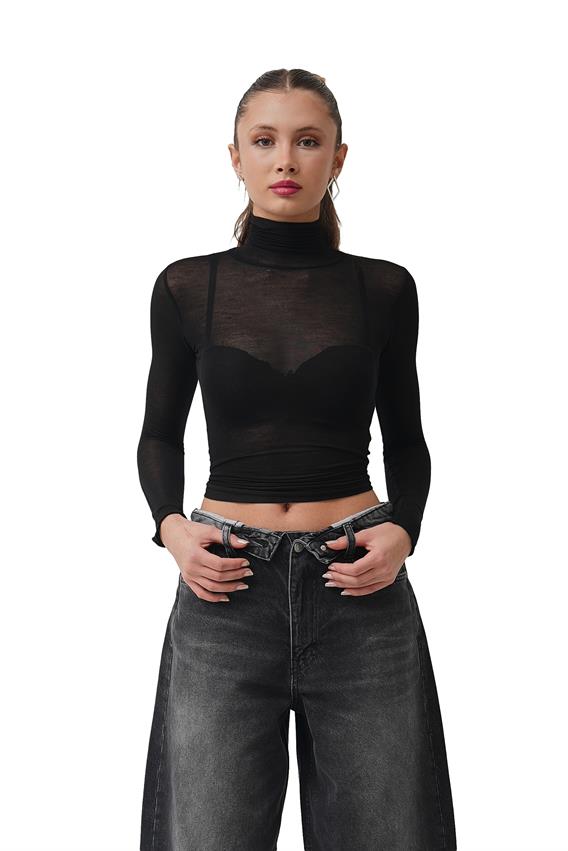 Crow Siyah Dik Yaka Transparan Bluz
