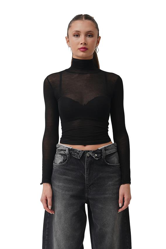 Crow Siyah Dik Yaka Transparan Bluz