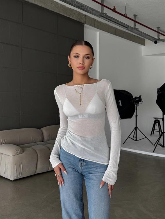 Easy Beyaz Kayık Yaka Transparan Kazak