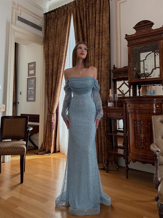 Ellinor Kayık Yaka Taşlı Bebe Mavi Abiye