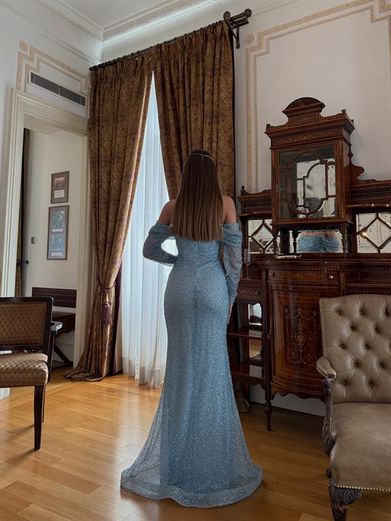 Ellinor Kayık Yaka Taşlı Bebe Mavi Abiye