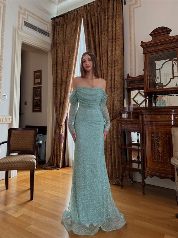 Ellinor Kayık Yaka Taşlı Mint Abiye