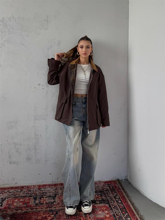 Elvar Yakası Kadife Detay Ekose Astarlı Acı Kahve Ceket