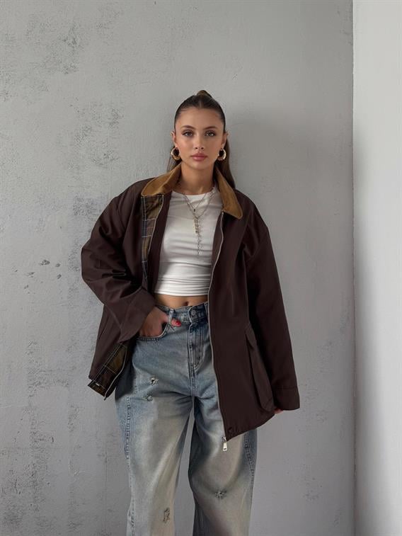 Elvar Yakası Kadife Detay Ekose Astarlı Acı Kahve Ceket