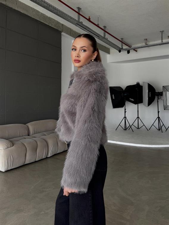 Elyora Dik Yaka Fermuar Detay Antrasit Kürk Ceket