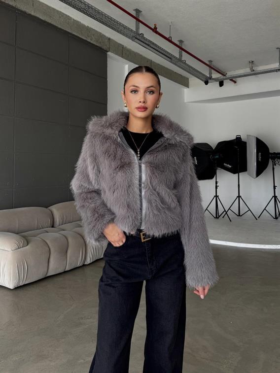 Elyora Dik Yaka Fermuar Detay Antrasit Kürk Ceket