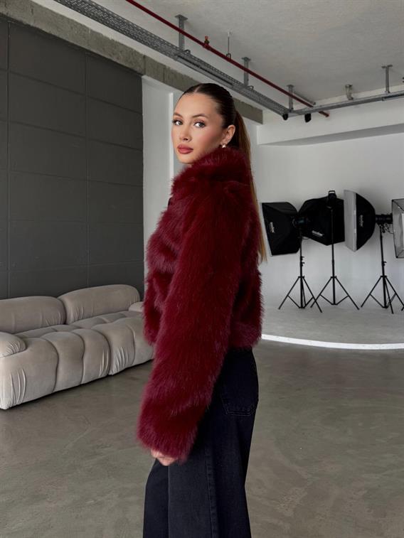 Elyora Dik Yaka Fermuar Detay Bordo Kürk Ceket